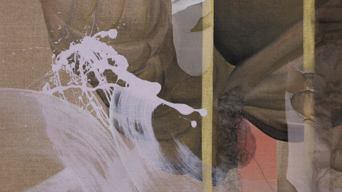 Lien Truong, A Namesake beyond beautiful, 2023 (detail). Oil, acrylic and copper pigment on canvas, linen, wood panel, and silk; printed chiffon, 106x103.25 inches. Image courtesy of the artist and UTA Artist Space