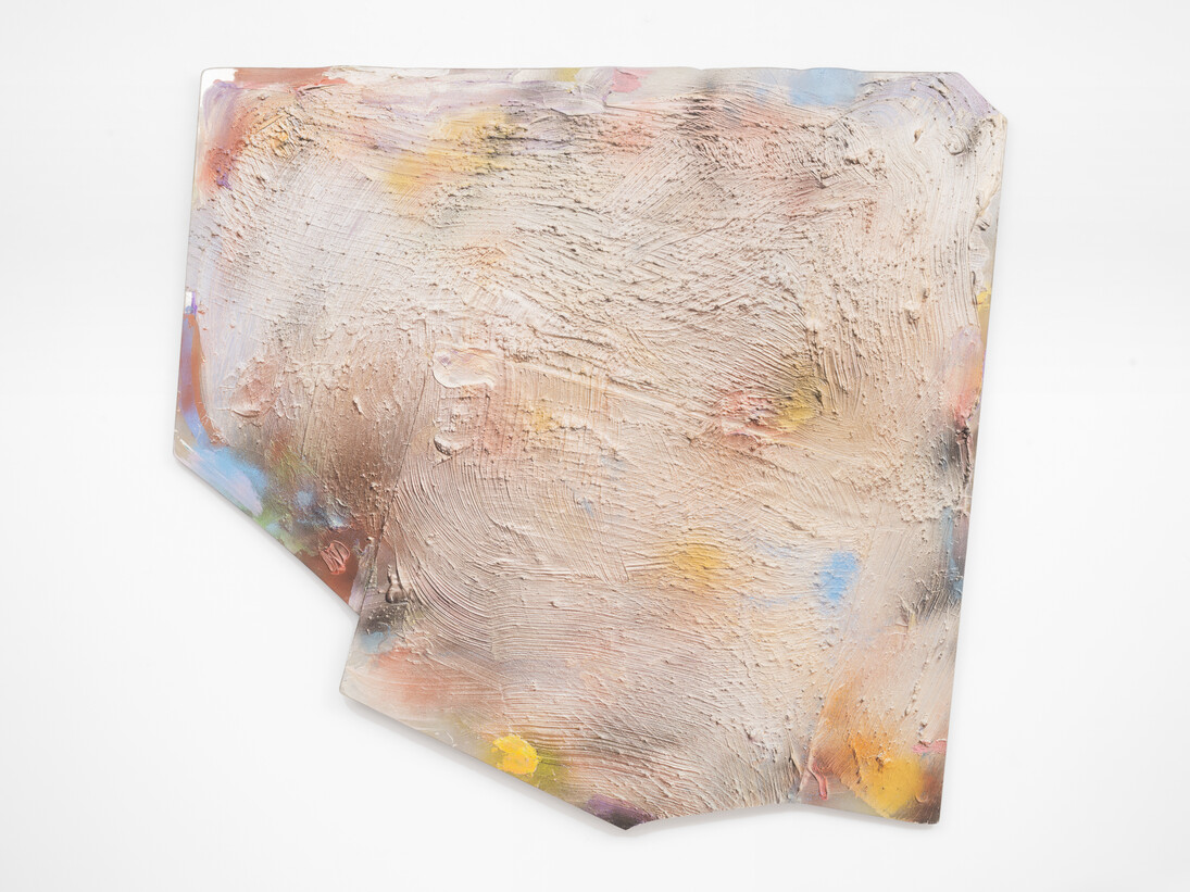 Jules Olitski, "OG Challenge- Two," 1986. Water based acrylic and oil based enamel on plexiglas. 47 x 49 inches; 119.4 x 124.5 cm. © Estate of Jules Olitski/Licensed by VAGA, New York, NY