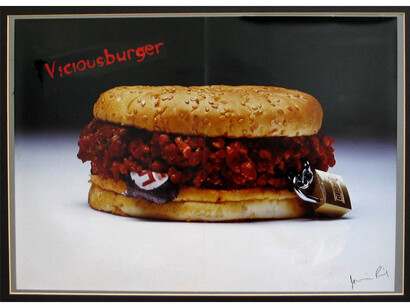 Jamie Reid, Viciousburger, 1979, collage with oil paint on photographic print, mm 292 x 410, Jamie Reid copyright Sex Pistols Residuals  