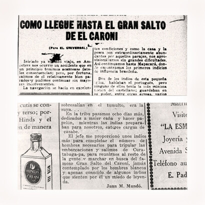 Detalles de dos artículos escritos en 1928 por Joan Mundó i Freixas, describiendo la ruta seguida hasta el Gran Salto, por él y su compañero de expedición Félix Cardona i Puig. («El Universal», septiembre, 1928). Archivo Charles Brewer-Carías. Archivo Jorge M. González