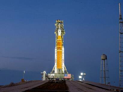 Under artificial lighting, NASA’s Artemis II Space Launch System (SLS) rocket and Orion spacecraft stand at Launch Complex 39B at Kennedy Space Center in Florida, USA, on January 17, 2026