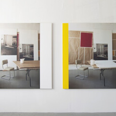 Ian Wallace, In the Studio (Work in Progress) I & II, Photolaminate with acrylic on canvas, Diptych, 60 x 60 inches each panel, 1996 / 2013