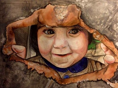 Un mural con el rostro de un niño sirio
