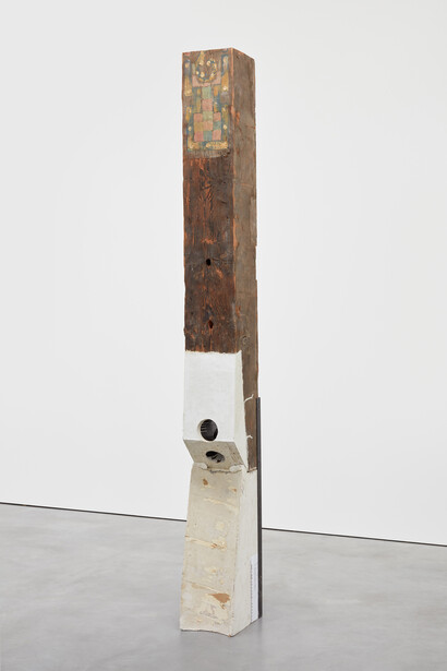 Oscar Tuazon for Ariana Reines, Germ, 2016 Concrete, wood, steel, plaster, poem, paper 252 x 27 x 33 cm, 99 1/4 x 10 5/8 x 13 ins. Courtesy Stuart Shave/Modern Art, London