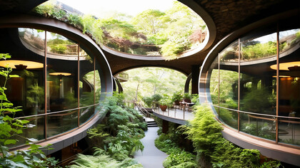 Experience biophilic design at its finest with a stunning view of city apartment buildings nestled amidst lush green vegetation, showcasing the harmonious integration of nature and architecture