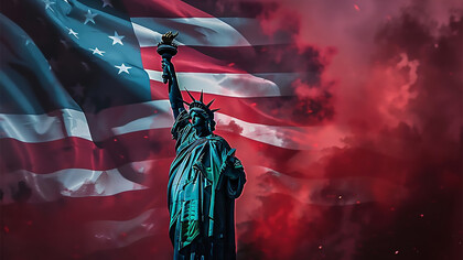 A representation of the American flag with the statue of liberty
