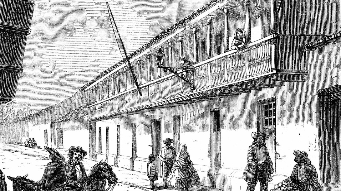 Casa de don Juanito Mora en 1858, en dibujo de Ramón Páez. Fuente: dominio público