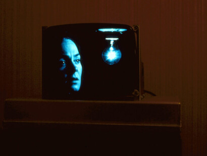 Jim Campbell, Rebecca with Powerline Fluctuations (video still), 1992. Courtesy of Rena Bransten Gallery