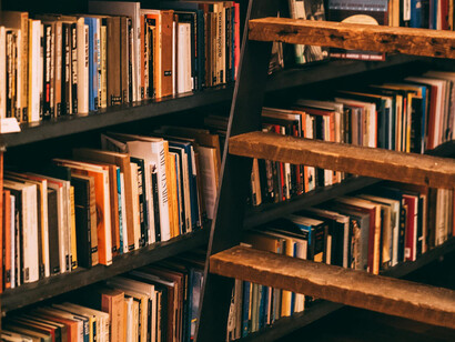 Libros de varios títulos ordenados en estantes, junto a una escalera