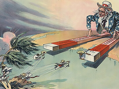 This is a 1913 Udo Keppler political cartoon lambasting American protectorates in Latin America. The cartoon portrays Uncle Sam in a leisurely position, dressed in a star-spangled waistcoat and rede and white striped pants. His legs extend south toward the Gulf of Mexico and are drawn like the poles of a magnet