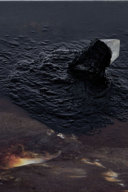 Andrea Magnani, Sistema S (detail), 2012 – ongoing, Stones, wood, PU, paper, twine, soap, brass, ice, ink, water, minerals, fossils, velvet, iron, ceramics, wood, glass, resin, glue, roots, clay, amp, crate, stative, sound, photographs and differents fluids and materials, dimensions variable, Courtesy T293, Rome