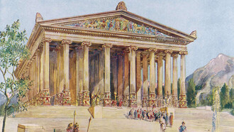 Harold Oakley, Fachada jónica elevada del Templo de Artemisa en Éfeso. Ilustración de “Maravillas del pasado” (1933-1934)