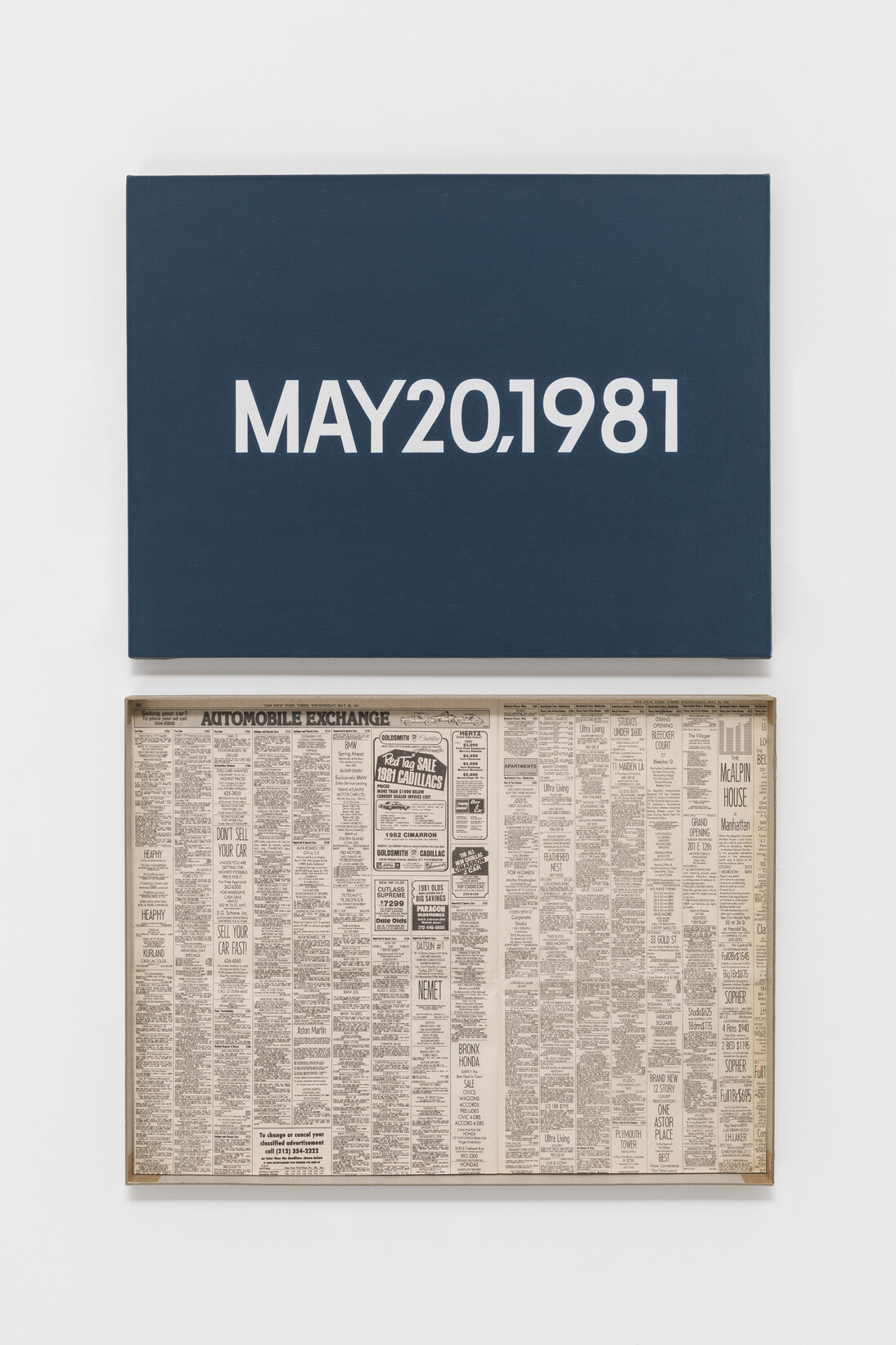 On Kawara, MAY 20, 1981, “Wednesday.” New York, From Today, 1966–2013, Acrylic on canvas, 18 x 24 inches (45.7 x 61 cm), Pictured with artist-made cardboard storage boxes, 24 5/8 x 18 5/8 x 2 inches (62.5 x 47.3 x 5 cm), Private collection. Photo: Courtesy David Zwirner, New York/London