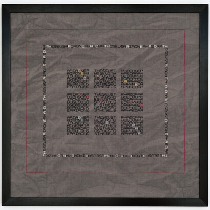 Elaine Reichek, Desire, Dread, Despair 2012. Hand embroidery on linen. 26 1/4 x 26 3/4 inches. Courtesy of the artist and Zach Feuer, New York and Shoshana Wayne Gallery, Santa Monica, CA.