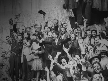 Crowds gather to celebrate Victory Day in 1945 in Europe