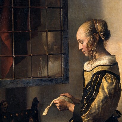 Jan Vermeer, Donna che legge una lettera davanti alla finestra, 1657 circa, particolare del riflesso sulla finestra. Gemäldegalerie di Dresda, Germania
