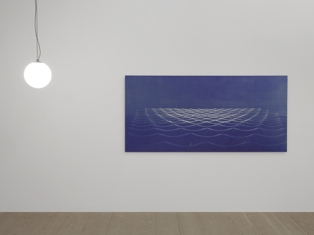 Bridget Smith, Blueprint for a Sea (series), 2015, four cyanotype prints on aluminium, five opaline globe lights, Courtesy Focal Point Gallery, Photo: Manuela Barczewski