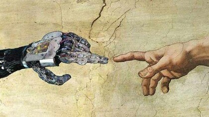 Reinterpretazione della creazione di Adamo con mano di robot