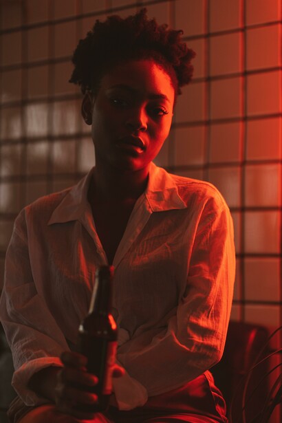 A woman in a white blouse drinking from a bottle 
