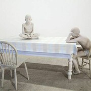 Daphne Wright, Kitchen Table 2014, Life casts: two figures, two chairs and table with oil cloth, Jesmonite and paint, Dimensions variable, Courtesy the artist and Frith Street Gallery, London