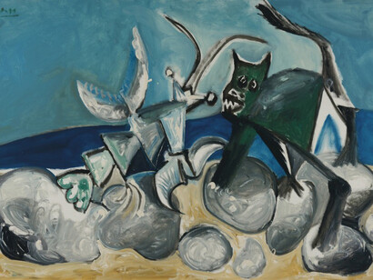 Pablo Picasso, Homard et chat sur la plage, 14 January 1965 (Lobster and cat on the beach, 14 January 1965), 1965. Courtesy of Vito Schnabel Gallery