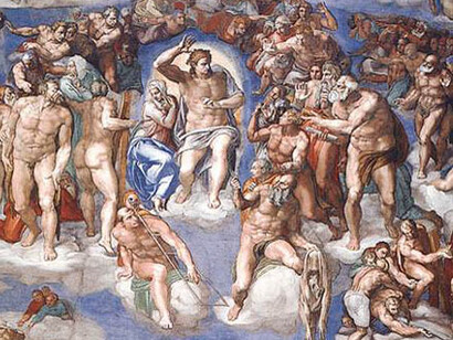 Después de 24 años, Michelangelo vuelve en 1536 a los 59 años a trabajar nuevamente en la capilla, pero esta vez en la pared del altar mayor, con un tema tremendo, ambicioso y poderoso: "El Juicio Universal". Michelangelo de Lodovico Buonarroti Simoni (1475-1564) Detalle de "El Juicio Final",(1536 -  1541), fresco, Capilla Sixtina, Roma, Italia