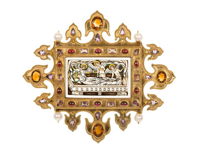 Diego Percossi Papi, Morte di arrigo, VII
24 agosto 1313, Ametiste, citrini madera, granati e perle, Miniatura in smalto a fuoco su metallo. Cornici in argento dorato con smalti cloisonné, pietre e perle
