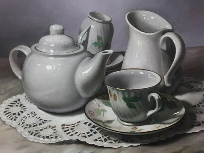Caption for the teapot painting is: Margaret Morrison "Rosalba’s Apartment", 2017 Oil on canvas 24 x 27 inches; 61 x 68.6 cm; Courtesy of Woodward Gallery, NYC