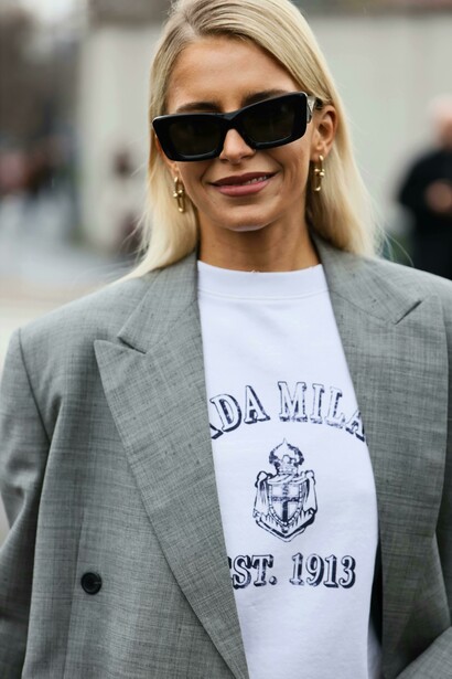 Oversized blazer and chic street style captured in the streets of Milan, Lombardy, Italy