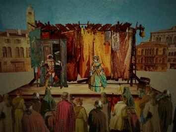 A painting of the stage scene from a Commedia dell’Arte performance depicting the onlooking audience who are intended to participate with the players as opposed to for them