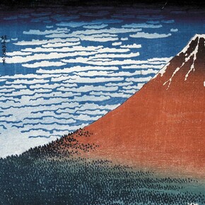 Clear day with a southern breeze (‘Red Fuji’) from Thirty-six Views of Mt Fuji. Colour woodblock, 1831. © The Trustees of the British Museum. On display from 25 May - 13 August.supported by Mitsubishi Corporation
