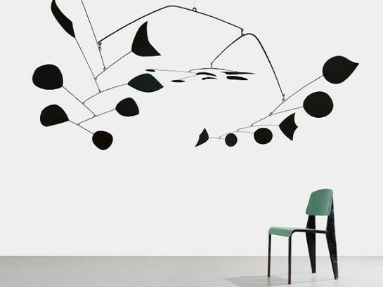 Alexander Calder, Rouge Triomphant (Triumphant Red), 1959–65, Sheet metal, rod, and paint, 110 x 230 x 180 inches, © 2013 Calder Foundation, New York/Artists Right Society (ARS), New York / Jean Prouve, Chaise Metropole n° 305, variante avec assise et dossier aluminium, 1953, Steel sheet, steel tube, plywood, 30 11/16 x 15 3/4 x 16 1/8 inches, Courtesy Galerie Patrick Seguin