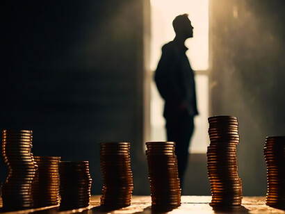 One businessman standing behind glowing gold coin stack