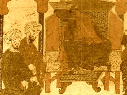 Detalle de una ilustración de la «Historia Mundial» (principios del siglo XIV) de Rashid-al-Din que muestra al negus de Abisinia rechazando una petición de enviados desde La Meca 