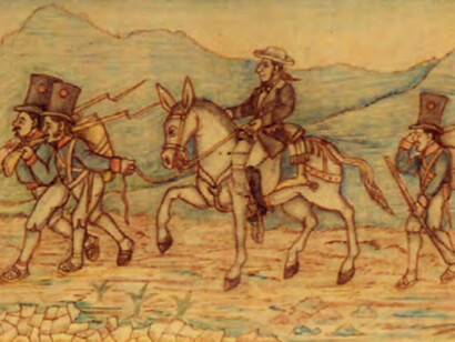 Momento en que el Dr. Esteban Curti sale de Cartago, en 1794, para ser juzgado por el Santo Oficio, en México. Dibujo de José María Figueroa Oreamuno, Álbum de Figueroa. Folio 1-103-v. Archivo Nacional de Costa Rica (detalle)