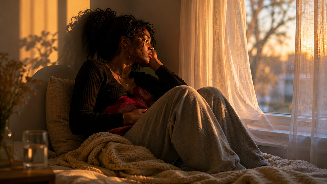 A woman quietly enduring pain at home, symbolising the isolation often associated with chronic women’s health conditions
