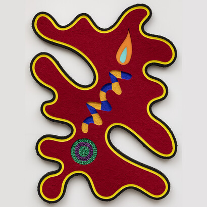 Carlos Rosales-Silva, Border Logic, 2022, glass bead and crushed stone in acrylic paint with dyed stones and acrylic plastic on custom shaped panel, 44x33 inches. Courtesy of the artist and Sargent's Daughters 