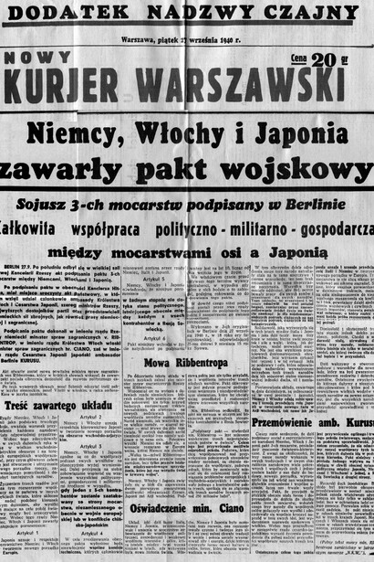 Prima pagina del Nowy Kurier Warszawski, 27 settembre 1940. Il titolo “Niemcy, Włochy e Japonia zawarły pakt wojskowy” annuncia la firma del Patto Tripartito