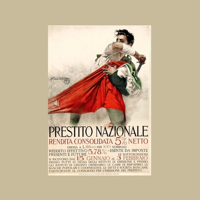 L’assenza di una scadenza trasforma il titolo irredimibile da semplice strumento finanziario a patto generazionale tra presente e futuro. Mario Borgoni, Prestito nazionale, 1918. 140 x 100 cm. Richter & Co., Napoli. Collezione Gamberini, Bologna, Italia