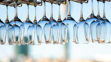 Crystal-clear wine glasses elegantly showcased