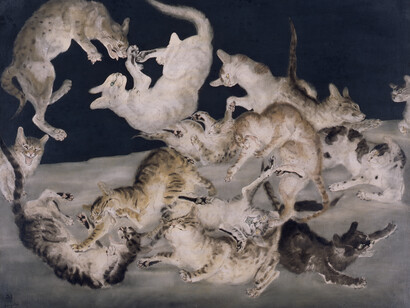 Léonard Foujita, “Combat (Cats)” (1943, oil on canvas © Fondation Foujita/ADAGP, Paris & JASPAR, Tokyo, 2017)