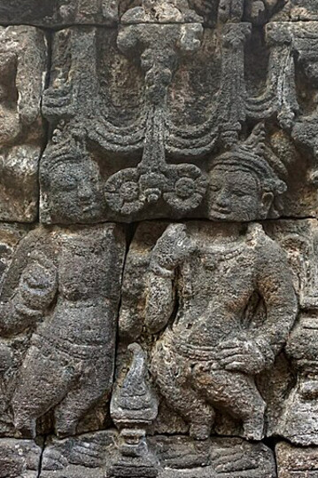 Relief depicting two Kinnaras on the second-level balustrade of Borobudur Temple, Java, Indonesia