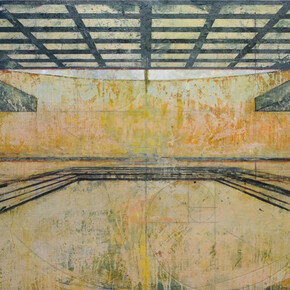 Harry Adams, Chaos of super-thinking at the modernist ruin, detail, oil characoal and beeswax encaustic on cotton covered boards, 122 x 244 cm 