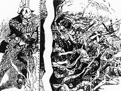 Una caricatura del incendio del Triangle muestra al dueño de una fábrica, manteniendo la puerta cerrada mientras las trabajadoras luchan por escapar