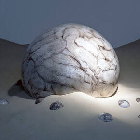 Adeline de Monseignat, Mother HEB Loleta, 2012, Vintage Fur, pillow filler, glass, motor, wood on 2 tonnes of sand, Variable  installation, Courtesy the artist and Ronchini Gallery