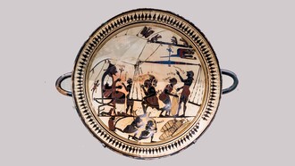 "Coppa di Arcesilao", Arcesilao che supervisiona il commercio di silfio, Kilyx, ca. 565-560 a.C.