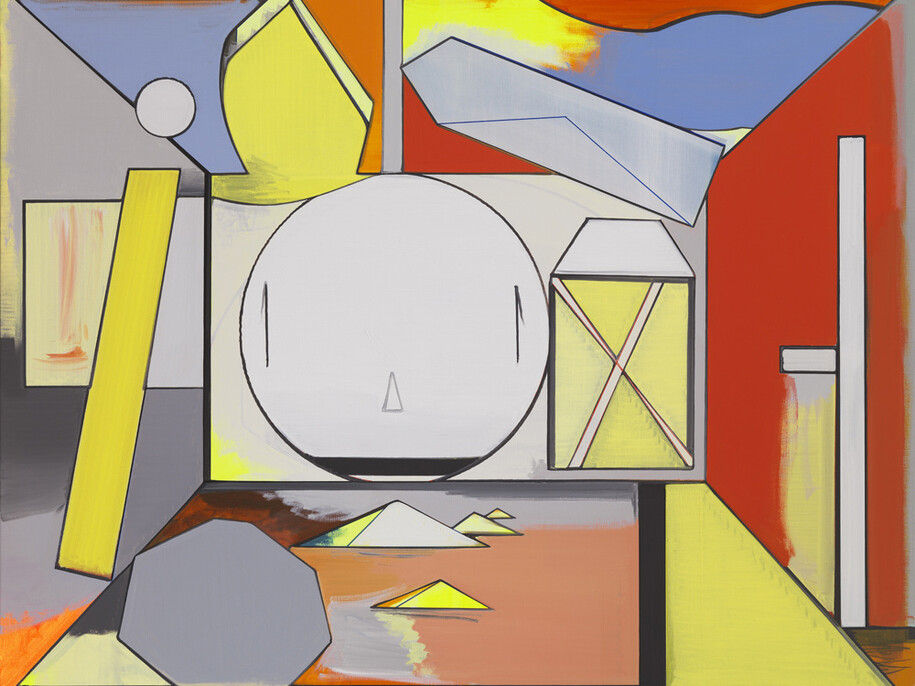 Thomas Scheibitz, Studio Lukretia, 2014, oil, vinyl, pigment marker on canvas, 74 3/4 x 94 1/2 inches; 190 x 240 cm. Courtesy the artist and Tanya Bonakdar Gallery, New York