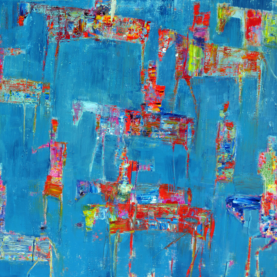 Reza Derakshani, Blue Hunting, 2015, oil on canvas, 152 x 183 cm,  courtesy of the artist and Sophia Contemporary Gallery