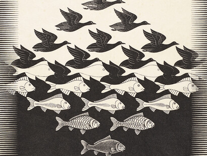 Grabado de M. C. Escher, "Cielo y agua I", circa 1938,  Museo Escher en El Palacio Lange Voorhout, La Haya, Holanda