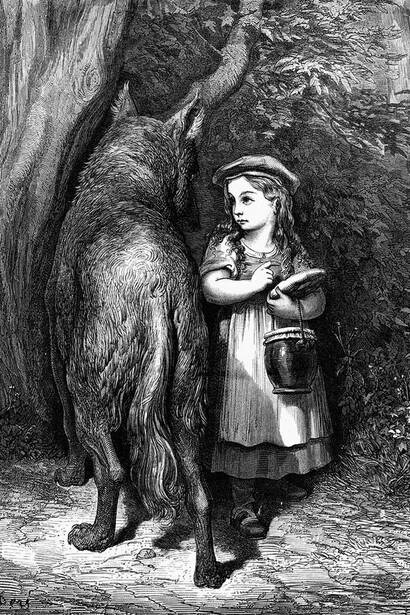 Caperucita Roja se encuentra con el viejo lobo. Ilustración sin título de "Los cuentos de Perrault" (1862), una edición de los cuentos de hadas de Charles Perrault ilustrada por Gustave Doré